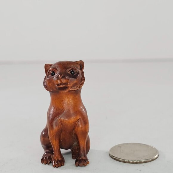 Netsuke Cat Sitting Figurine Japanese Carved Boxwood - Picture 8 of 8